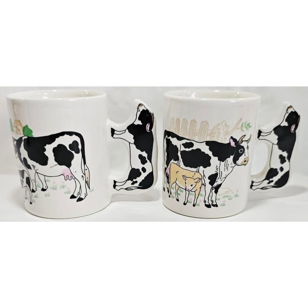 Set Of 2 Vintage Holstein Cow Coffee Mugs with 3D Cow-Shaped Handle & Farm Scene